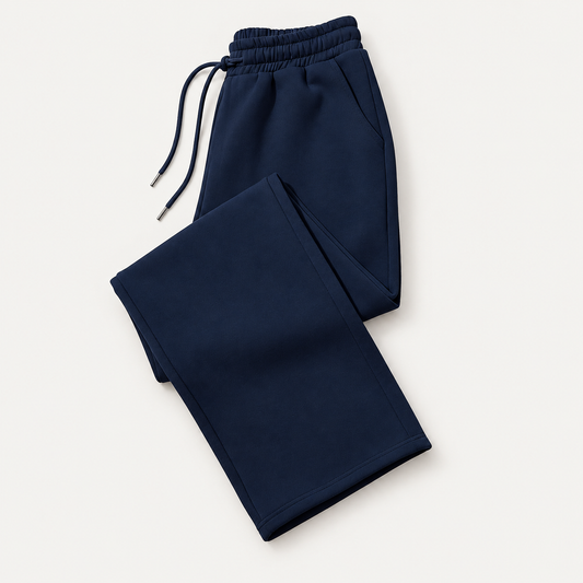 StreetEase Straight Leg Trousers in Navy Blue on a warm light-grey studio background