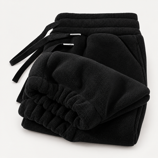 ThermaEase Fleece Joggers in Black on a warm light-grey studio background