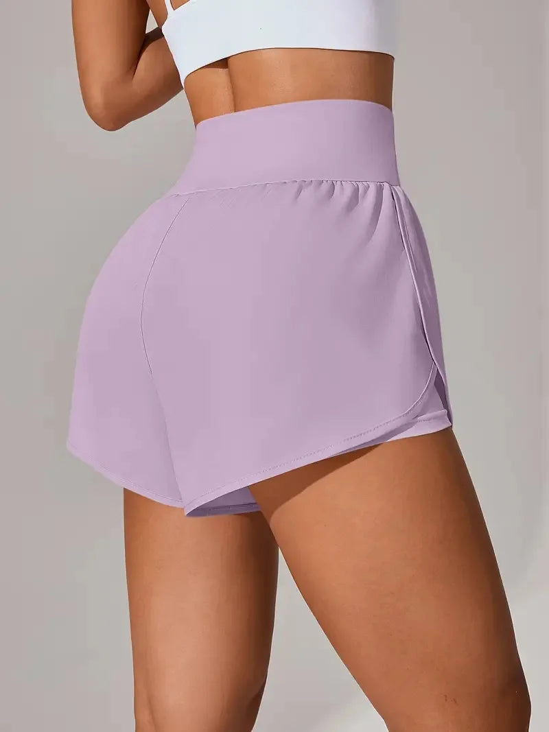 New Women's High Waisted Sports Shorts 2-in-1 Fake Two-Piece Yoga Pants Quick Dry Anti-Glare Slim Fit