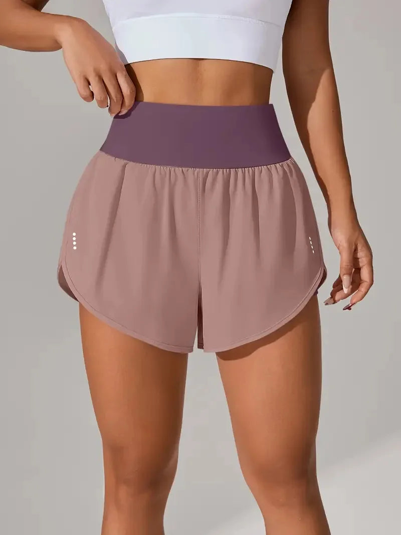 New Women's High Waisted Sports Shorts 2-in-1 Fake Two-Piece Yoga Pants Quick Dry Anti-Glare Slim Fit