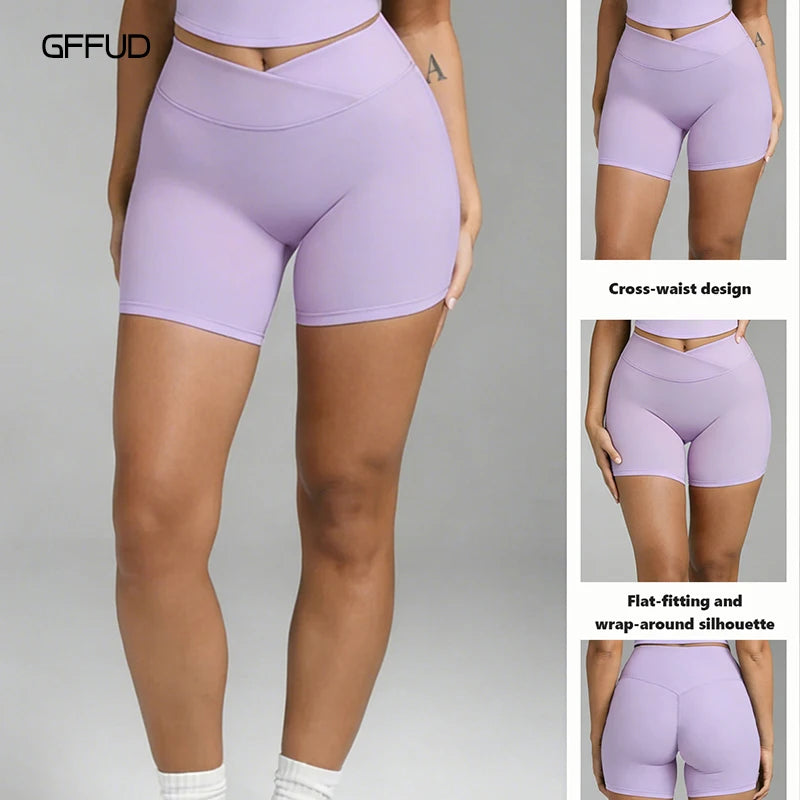Women Sports Shorts Cross High Waist Elasticity Tight Fitting Yoga Shorts Quick Dry Breathable Moisture Wicking Fitness Pants