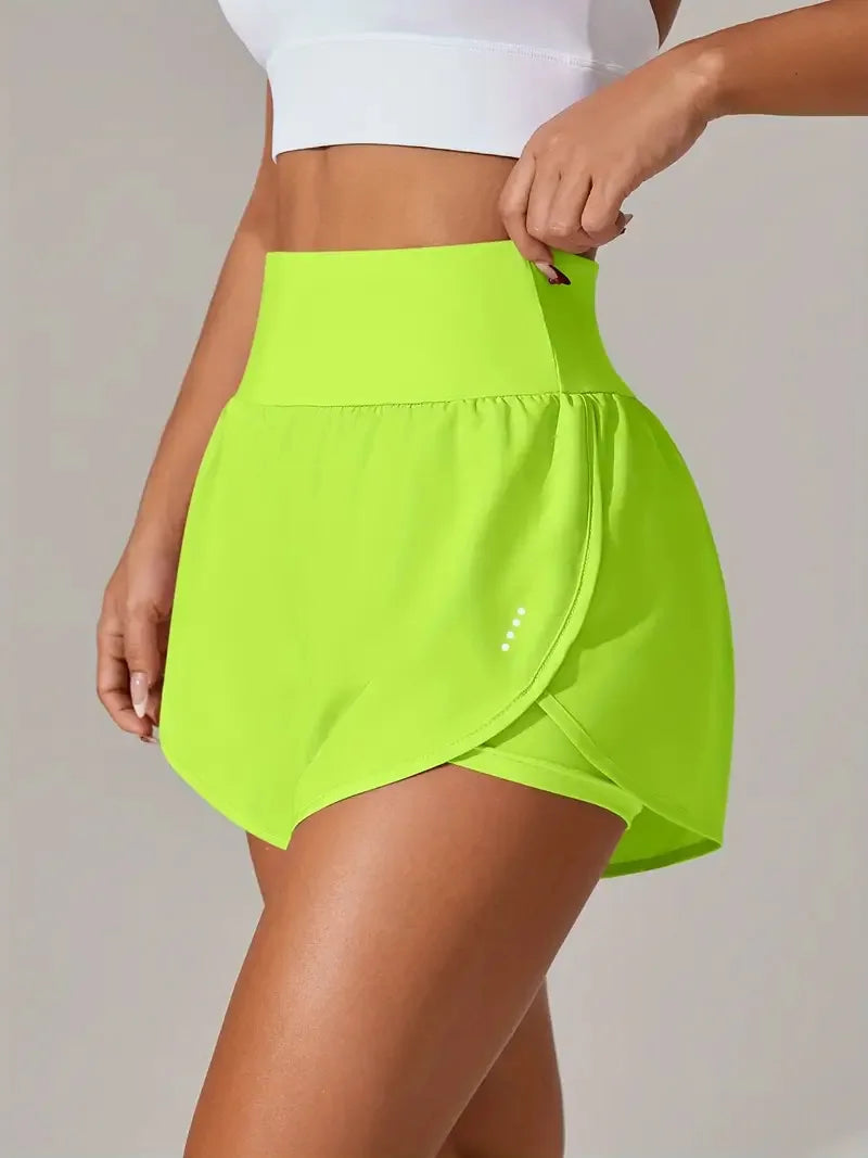 New Women's High Waisted Sports Shorts 2-in-1 Fake Two-Piece Yoga Pants Quick Dry Anti-Glare Slim Fit
