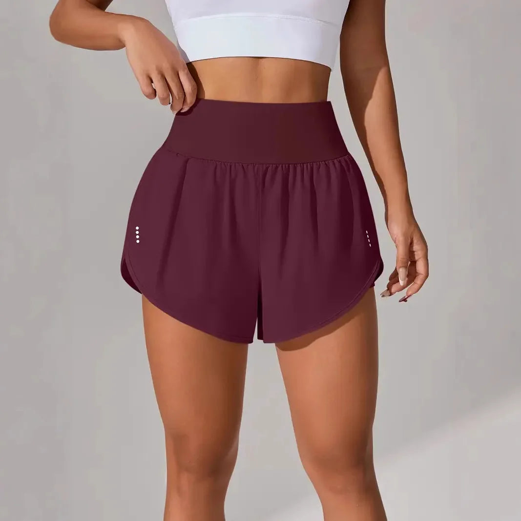 New Women's High Waisted Sports Shorts 2-in-1 Fake Two-Piece Yoga Pants Quick Dry Anti-Glare Slim Fit