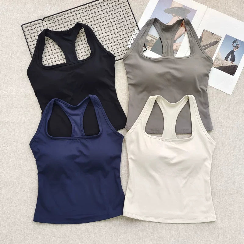 Women's Square Neck Racerback Sports Bra Fixed Pads Shockproof for Yoga Pilates Running Gym