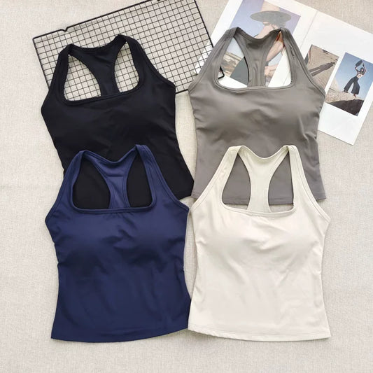 Women's Square Neck Racerback Sports Bra Fixed Pads Shockproof for Yoga Pilates Running Gym