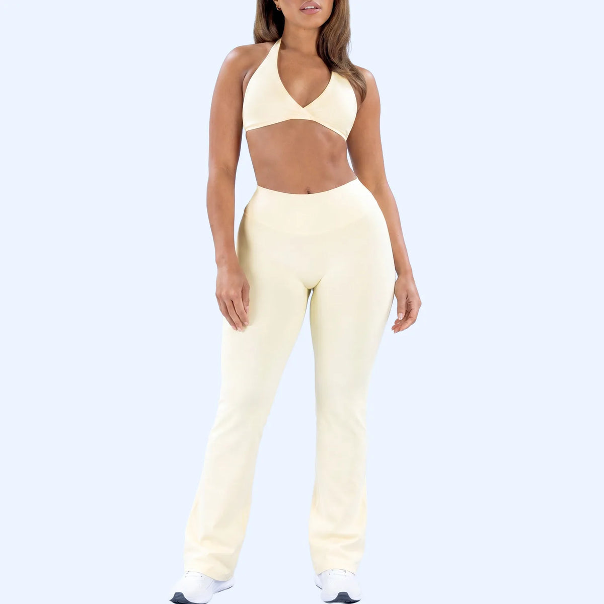 NCLAGEN Dyfe Yoga Sets Women 2 Pcs Gym Clothes Sports Halter Bra & Flare Pants Naked Feel Fitness Suit Pilates Yoga Activewear