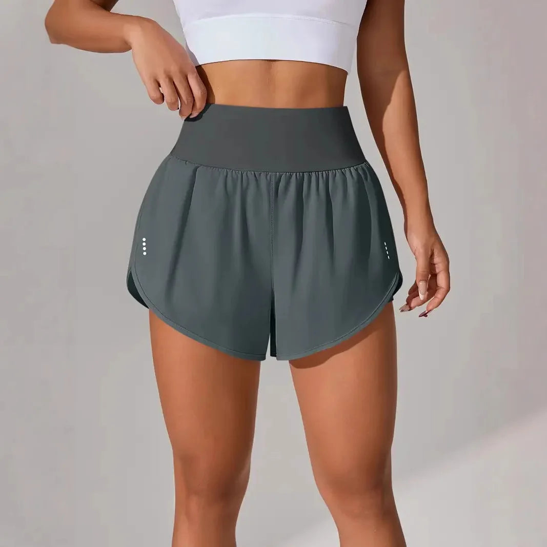 New Women's High Waisted Sports Shorts 2-in-1 Fake Two-Piece Yoga Pants Quick Dry Anti-Glare Slim Fit