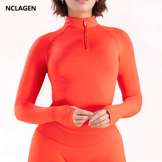 NCLAGEN Gym Clothes Woman Half Zippy Workout Running Fit Jacket Long Sleeve Outdoor Sports Seamless Top Yoga Pilates Clothing