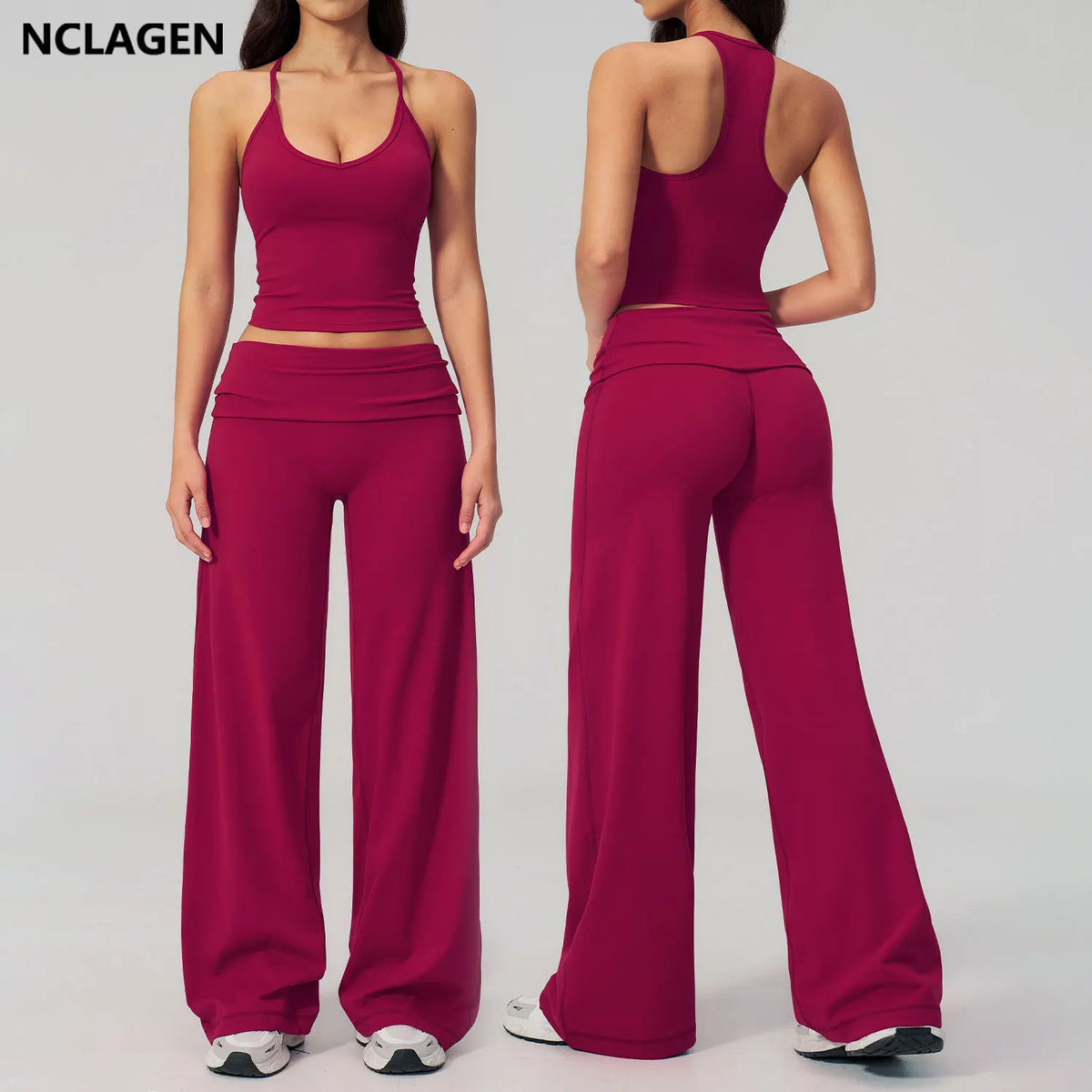 NCLAGEN Women Sportwear 2 Piece Yoga Set Pilates Tank Top Wide-leg Trousers Workout Gym Clothes Fitness Suit Speed Activewear