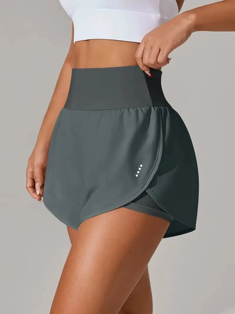 New Women's High Waisted Sports Shorts 2-in-1 Fake Two-Piece Yoga Pants Quick Dry Anti-Glare Slim Fit
