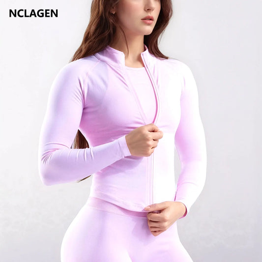NCLAGEN Zippy Jacket Women Running Long Sleeves Gym Tops Full Zipper Seamless Workout Activewear Sports Pilates Yoga Coats