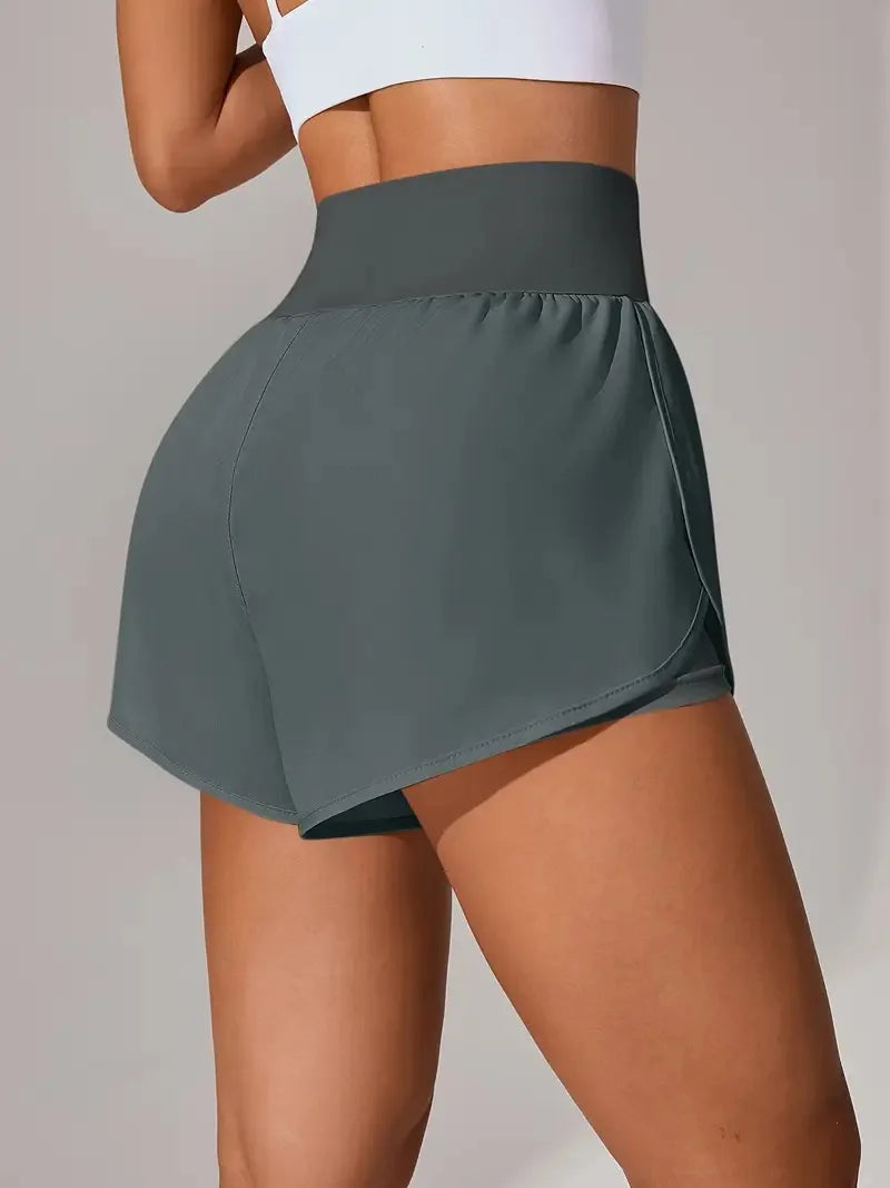 New Women's High Waisted Sports Shorts 2-in-1 Fake Two-Piece Yoga Pants Quick Dry Anti-Glare Slim Fit