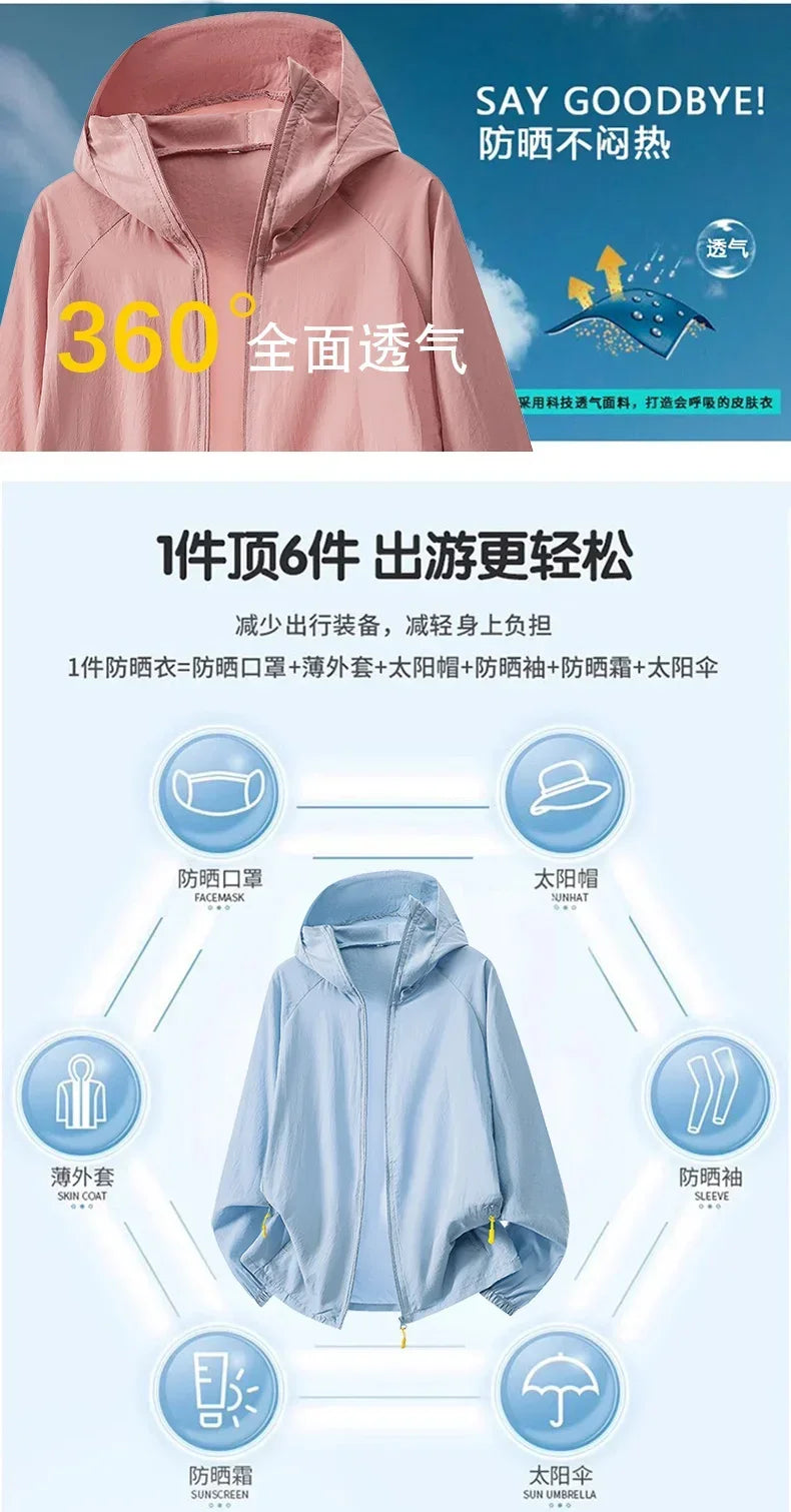 Breathable Anti-UV Sun Protection Coat Fashion Trendy Outdoor Casual OuterwearWomen Summer Ultra Thin Ice Silk Sunscreen Jacket